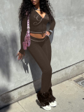 LW BASICS Casual Milk Fiber Hooded Collar Letter Long Sleeve Two-piece Pants Set